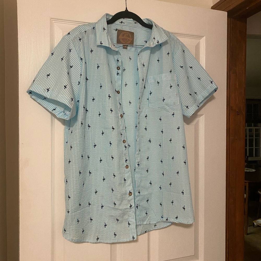 Blue Seersucker Flamingo Button Down Shirt